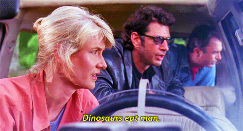 GIF of Laura Dern from Jurassic Park saying, "Dinosaurs eat man."