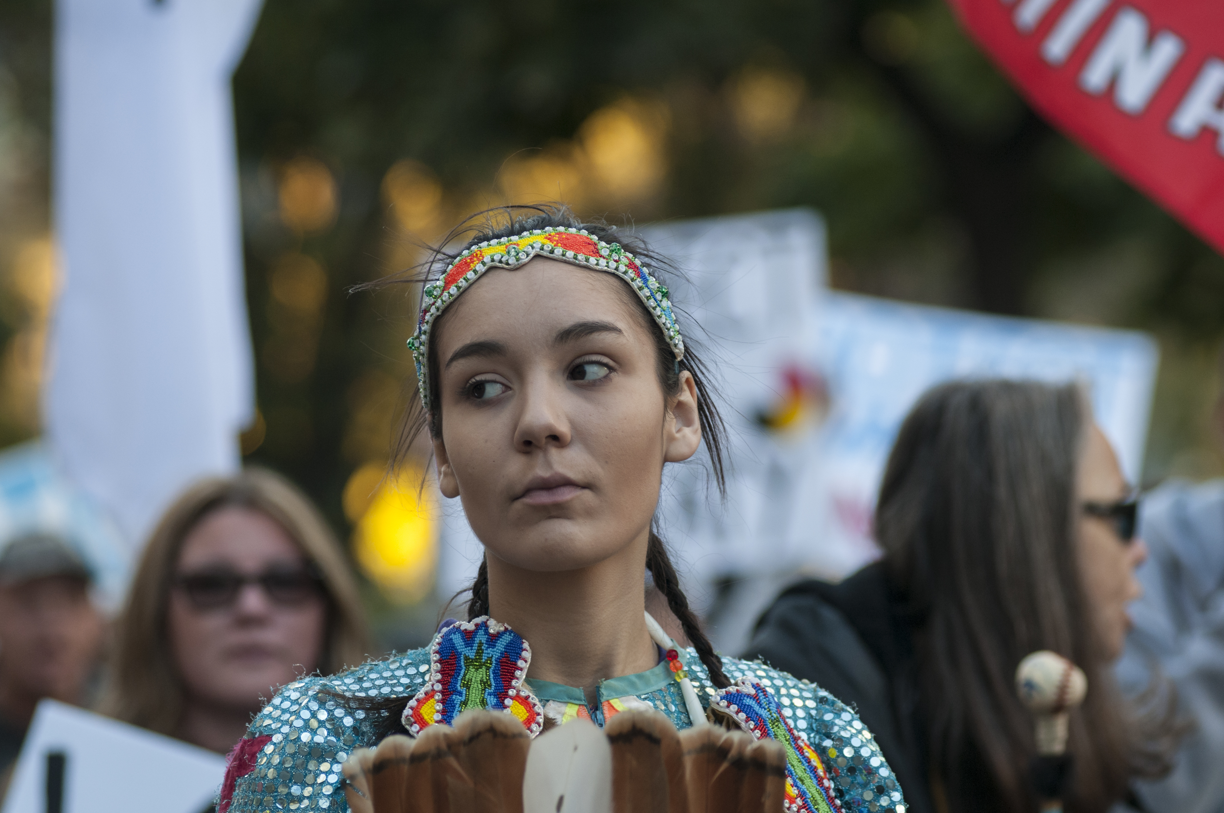 An indigenous woman dressed in traditional outfit during a solidarity rally with the Dakota Access Pipeline protesters on November 5, 2016 in Toronto, Canada.