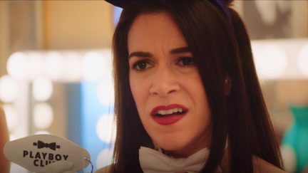 image: screencap/Comedy Central Abbi Jacobson as Gloria Steinem on Drunk History Playboy bunny
