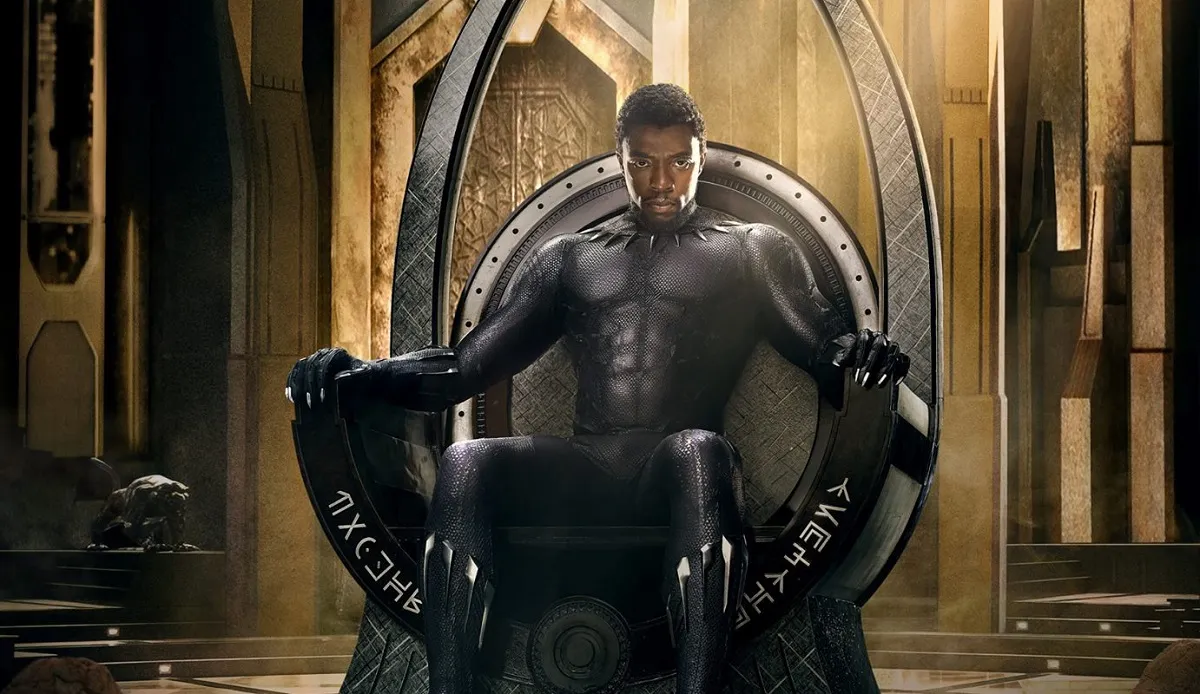Cropped image of Chadwick Boseman as T'Challa on one of Marvel's "Black Panther" posters