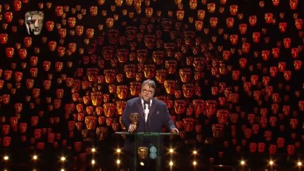 Screengrab of Guillermo del Toro's Best Director acceptance speech at the BAFTA Awards