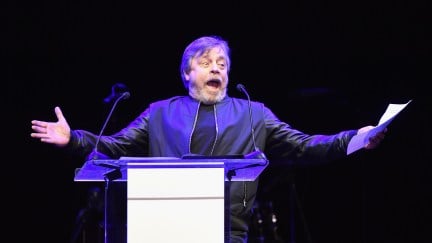 LOS ANGELES, CA - FEBRUARY 26: Mark Hamill performs onstage at NET-A-PORTER and MR PORTER partner with Letters Live on February 26, 2018 in Los Angeles, California.