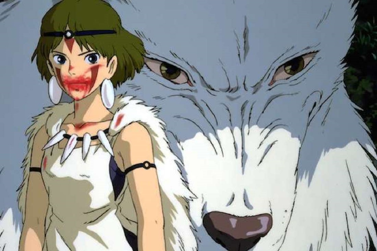 A Girl standing in front of a large wolf like animal in 'Princess Mononoke'