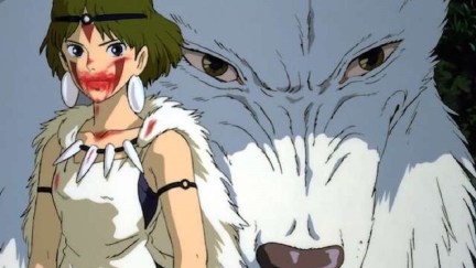 A Girl standing in front of a large wolf like animal in 'Princess Mononoke'