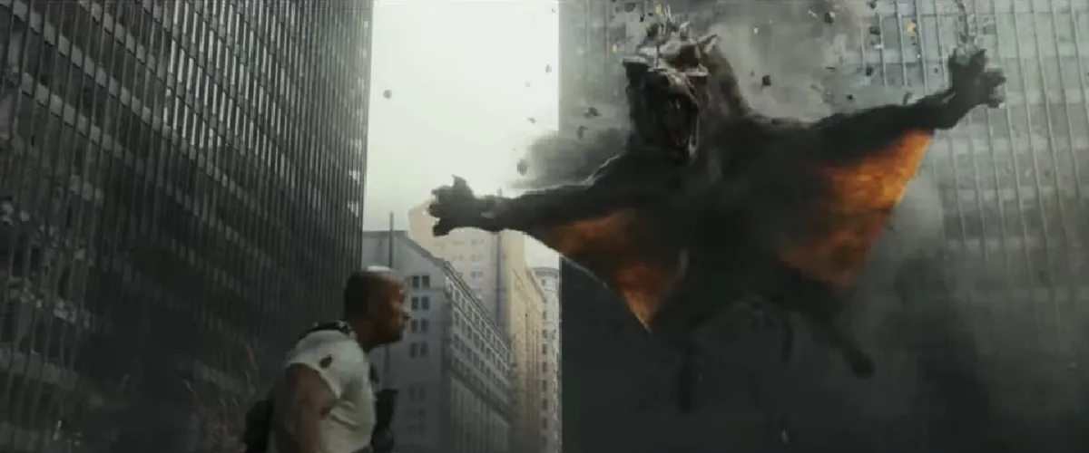 Screengrab of a flying giant wolf from the second trailer for "Rampage," starring the Rock.