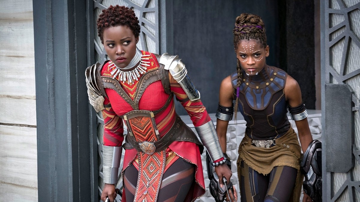 Image of Lupita Nyong'o as Nakia and Letitia Wright as Shuri in Marvel's "Black Panther"