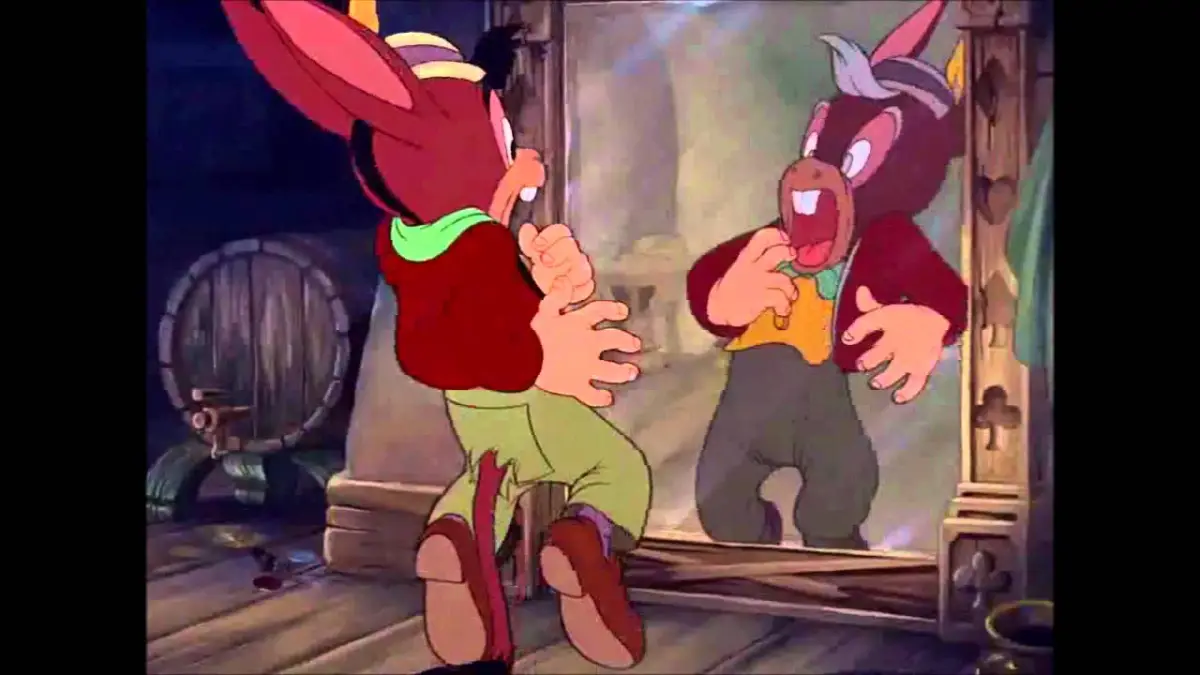 Donkey kid horrified by his reflection in Pinocchio.