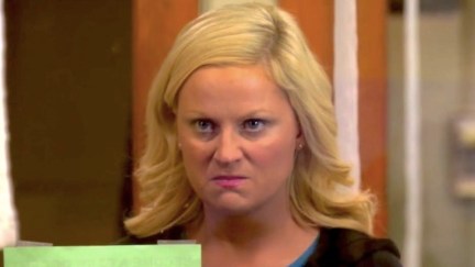 Amy Poehler as Leslie Knope on Parks and Recreation angry at Greg Pikitis because he's a little turd.