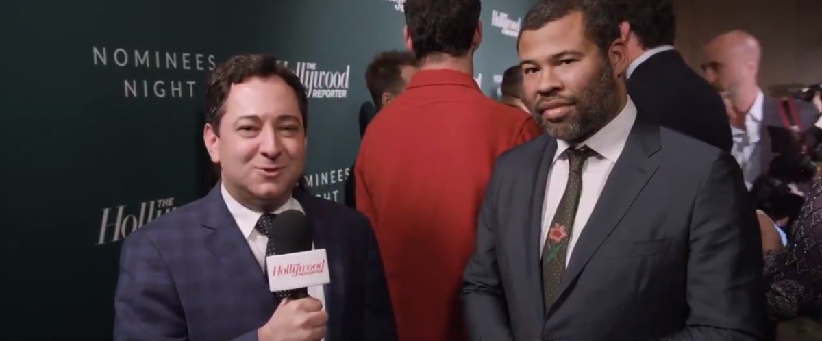 image: screencap Jordan Peele being interviewed by The Hollywood Reporter at Oscar Nominees' Night