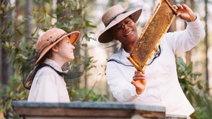 queen latifah and dakota fanning looking at bees in secret life of bees