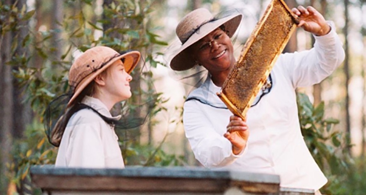 queen latifah and dakota fanning looking at bees in secret life of bees