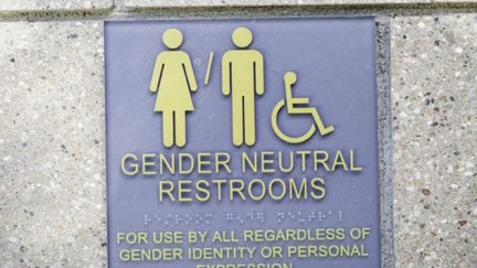 Shutterstock image of a gender-neutral restroom sign with wheelchair accessibility