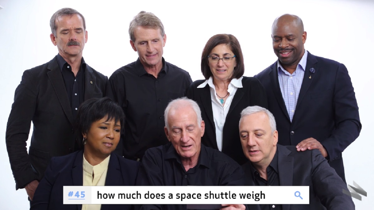Screengrab of astronauts Chris Hadfield, Jeffrey Hoffman, Mae C. Jemison, Jerry Linenger, Mike Massimino, Leland Melvin, and Nicole Stott answering the 50 most Googled questions about space