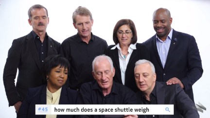 Screengrab of astronauts Chris Hadfield, Jeffrey Hoffman, Mae C. Jemison, Jerry Linenger, Mike Massimino, Leland Melvin, and Nicole Stott answering the 50 most Googled questions about space