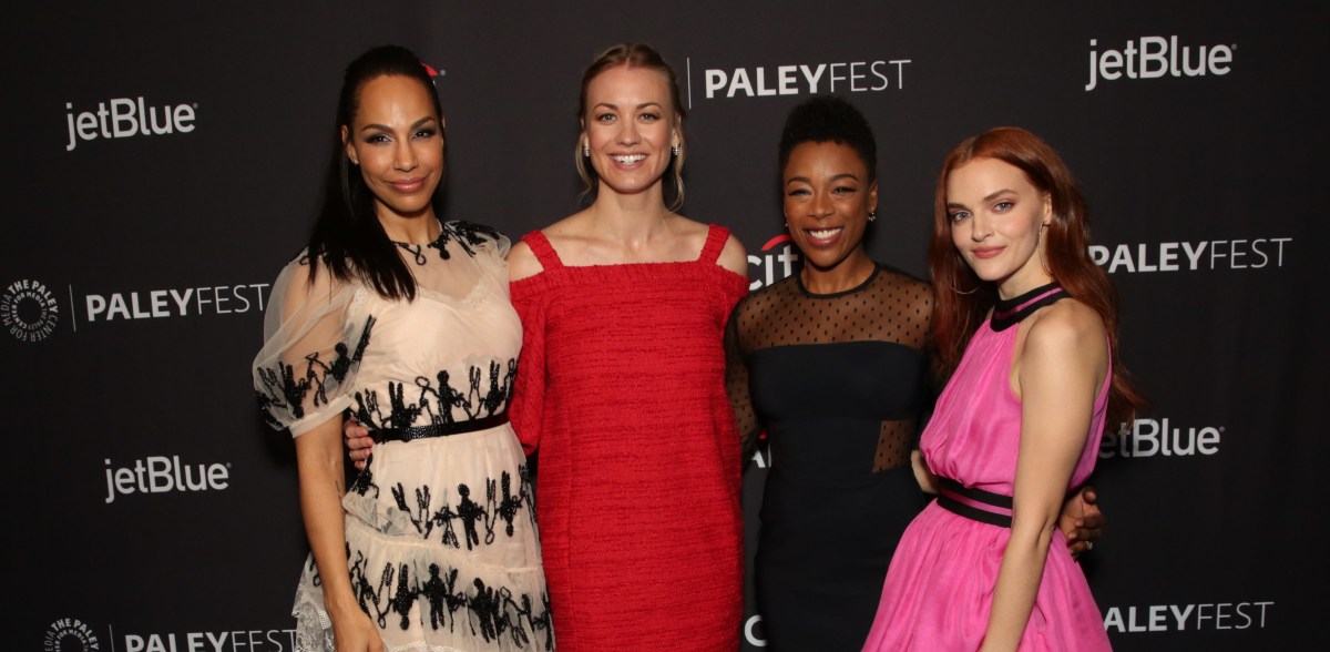 HOLLYWOOD, CA - MARCH 18 (L-R): Amanda Brugel, Yvonne Strahovski, Samira Wiley, and Madeline Brewer arrive at PaleyFest LA 2018 honoring The Handmaid's Tale, presented by The Paley Center for Media, at the DOLBY THEATRE on March 18, 2018 in Hollywood, California.