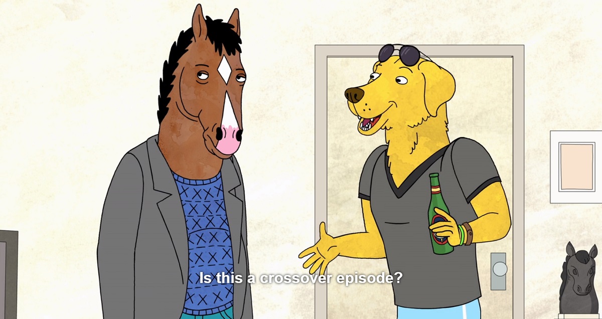 Screengrab of Episode 1 of Netflix's "Bojack Horseman," featuring Bojack and Mr. Peanut Butter