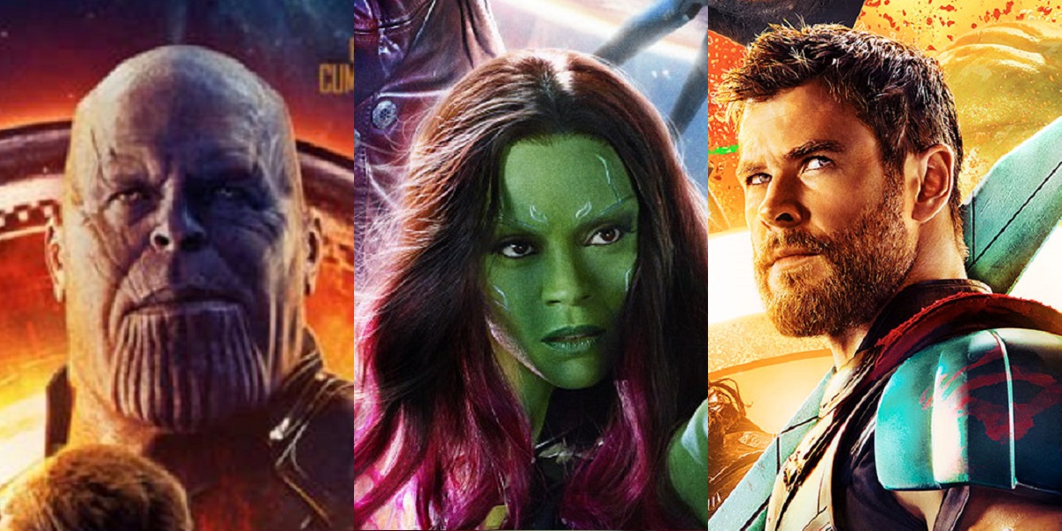 Zoe Saldana as Gamora, Chris Hemsworth as Thor, and Josh Brolin as Thanos in "Avengers: Infinity War"