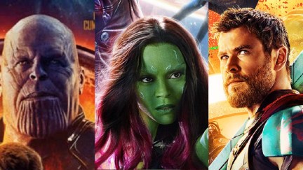 Zoe Saldana as Gamora, Chris Hemsworth as Thor, and Josh Brolin as Thanos in 