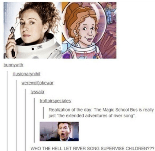 River Song of Doctor Who and Ms. Frizzle of Magic School Bus in space suits