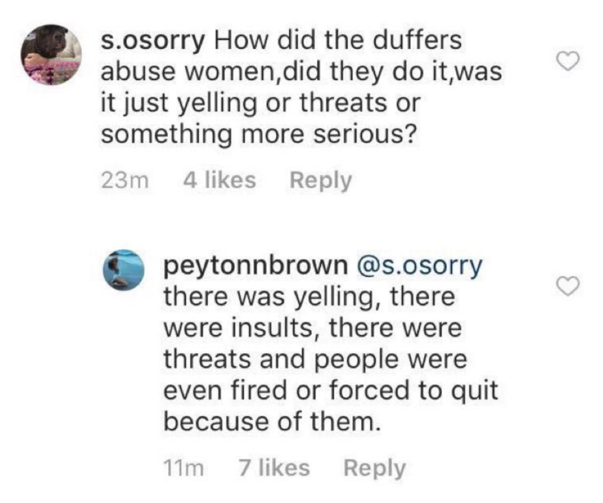  Peyton Brown screencap in which she details the abusive behavior of the Duffer Brothers on the set of Stranger Things