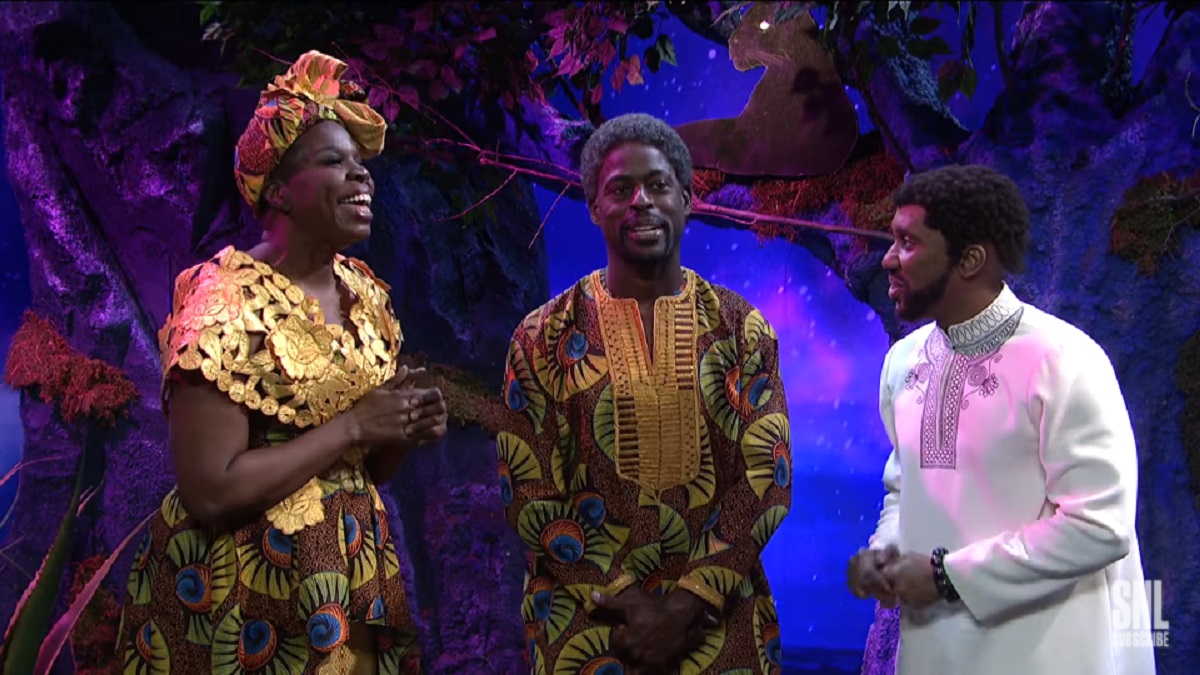 Leslie Jones, Sterling K. Brown, and Chris Redd in a Saturday Night Live (SNL) "Black Panther" skit