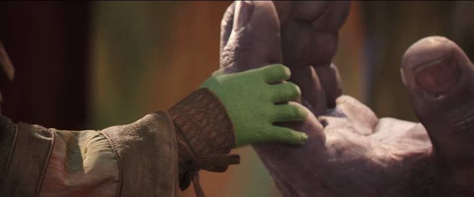 Screengrab of young Gamora taking Thanos's hand in the "Infinity War" trailer