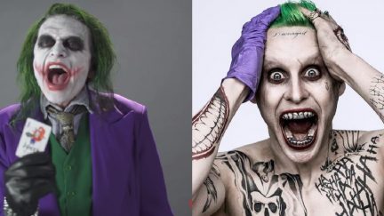 Screengrab of Tommy Wiseau from Nerdist Presents video, and Warner Bros. image of Jared Leto as the Joker