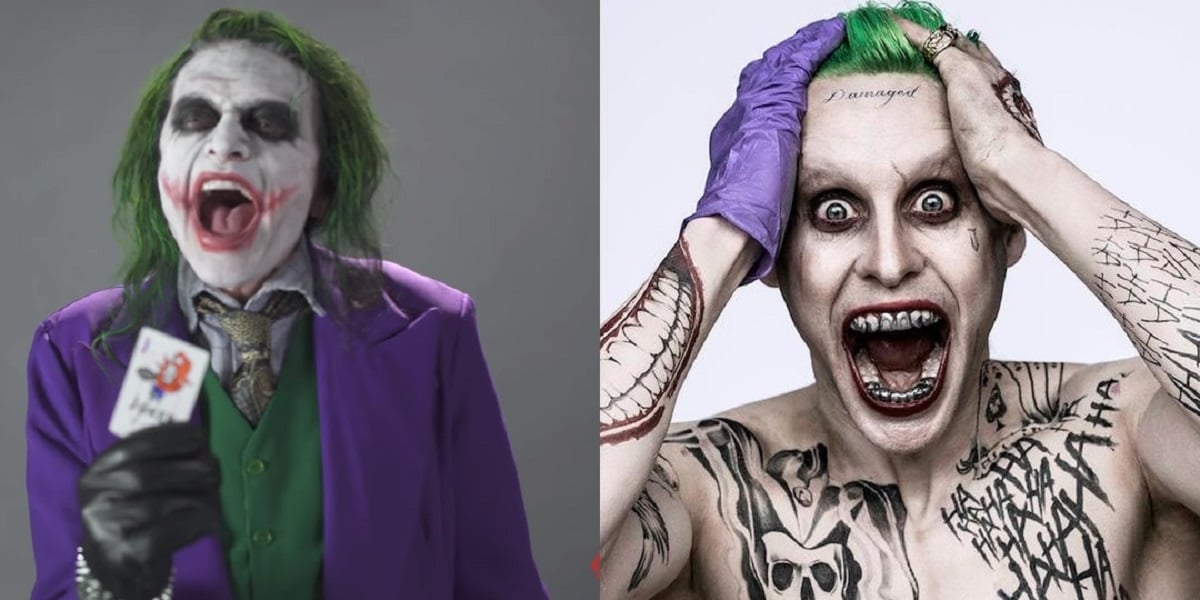 Screengrab of Tommy Wiseau from Nerdist Presents video, and Warner Bros. image of Jared Leto as the Joker