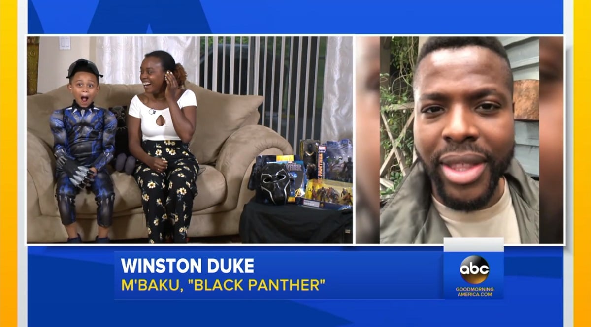 Winston Duke appears on "Good Morning America" with a young M'Baku impersonator (screengrab)