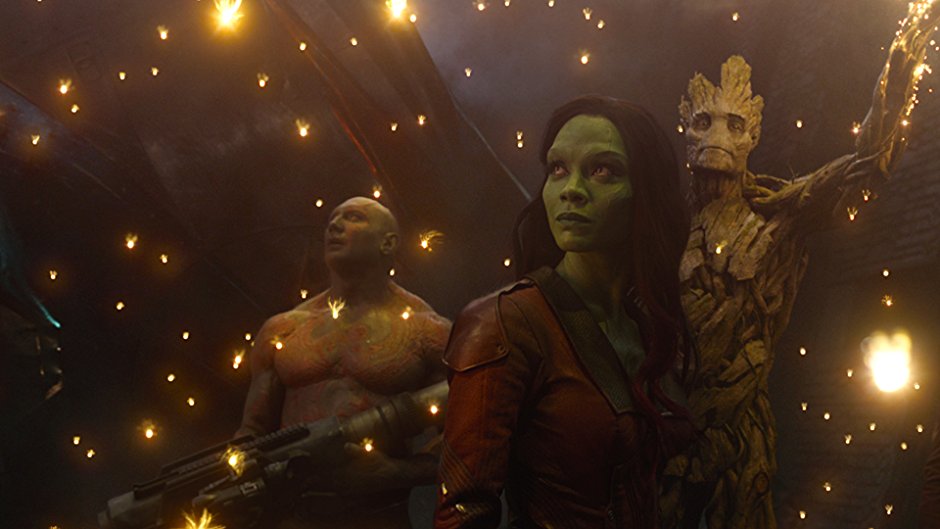 Gamora, Drax, and Groot in Guardians of the Galaxy