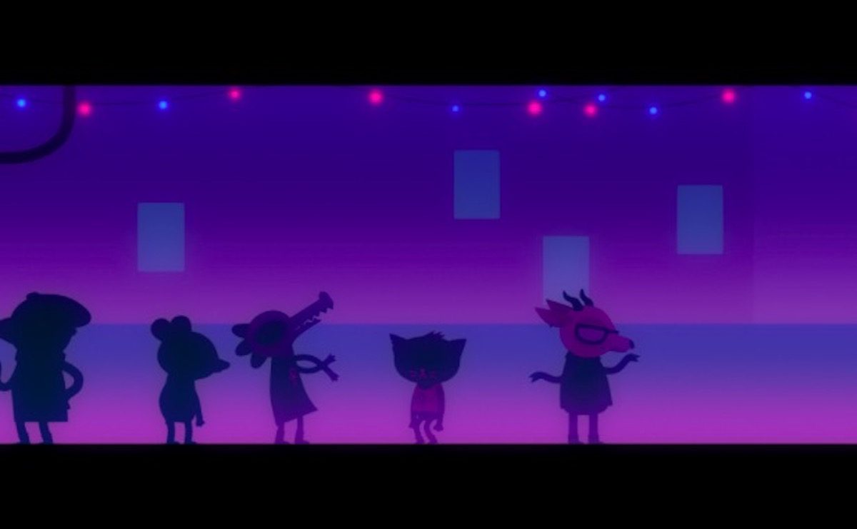 Screenshot from Night in the Woods: Bea and Mae, dancing at a party.