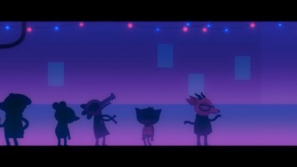 Screenshot from Night in the Woods: Bea and Mae, dancing at a party.