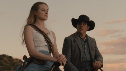 Evan Rachel Wood as Dolores and James Marsden as Teddy in HBO's Westworld