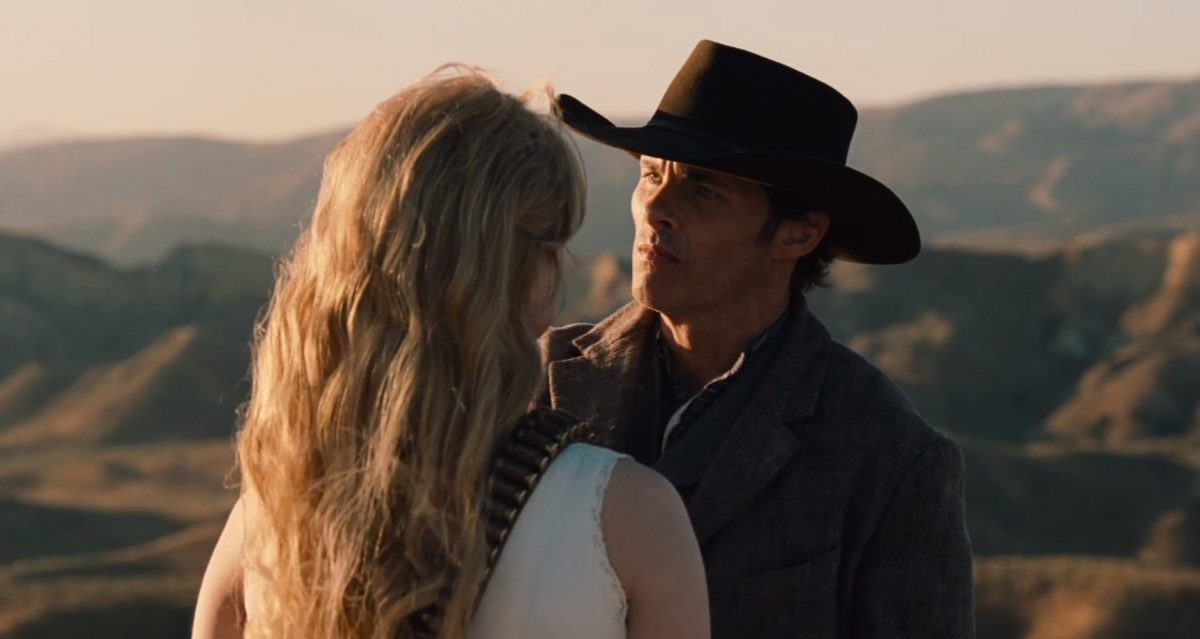 Evan Rachel Wood as Dolores and James Marsden as Teddy on HBO's Westworld