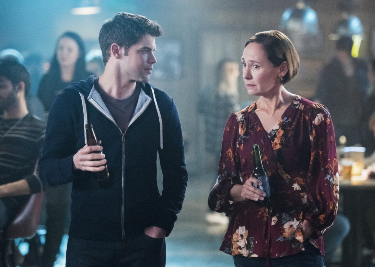 Supergirl -- "Schott Through the Heart" -- Image Number: SPG314b_0286.jpg -- Pictured (L-R): Jeremy Jordan as Winn and Laurie Metcalf as Mary McGowan -- © 2018 The CW Network, LLC. All rights reserved.