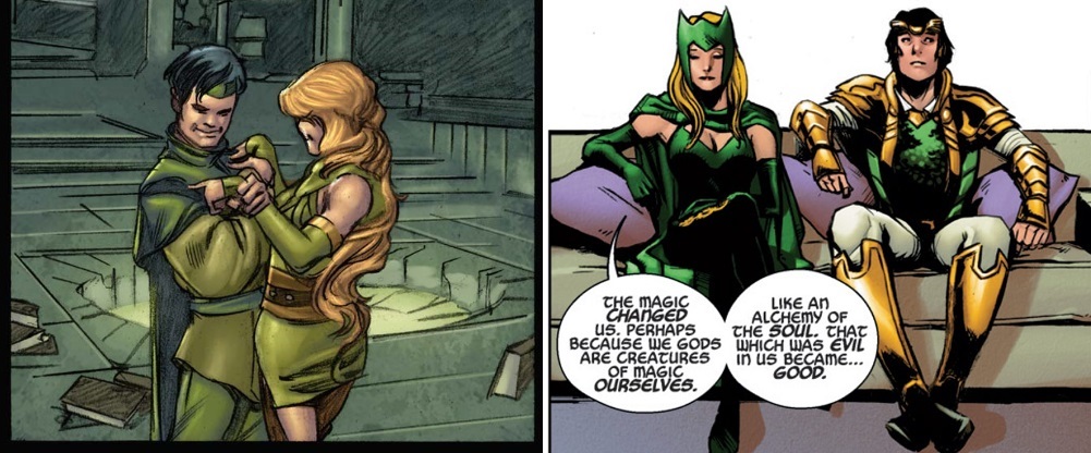 Images of Loki and Amora from "Thor: Son of Asgard" and "Loki: Agent of Asgard" (Credit: Marvel Comics)