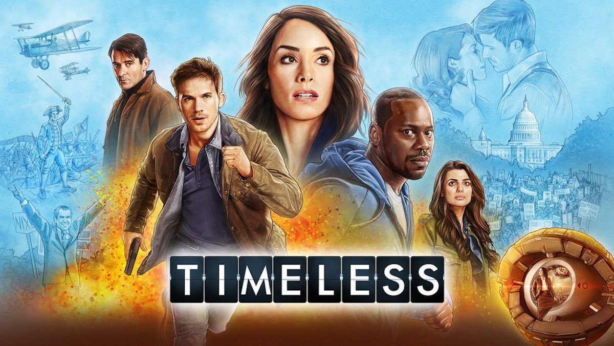 Timeless key art: Abigail Spencer as Lucy Preston, Matt Lanter as Wyatt Logan, Malcolm Barrett as Rufus Carlin