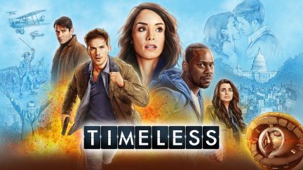 Timeless key art: Abigail Spencer as Lucy Preston, Matt Lanter as Wyatt Logan, Malcolm Barrett as Rufus Carlin