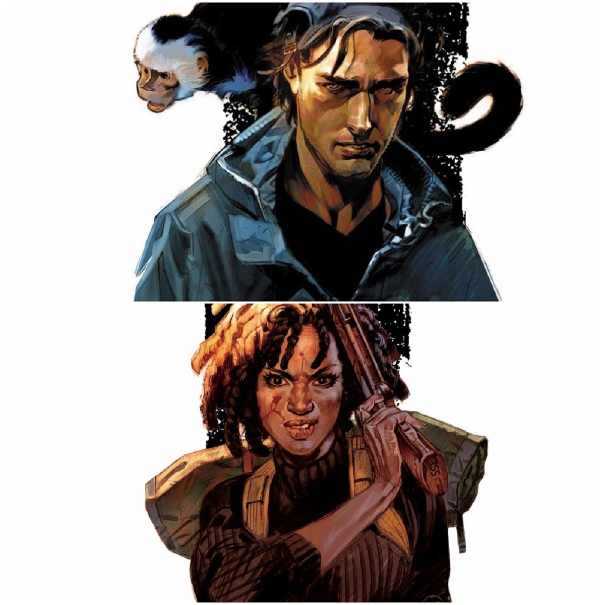 Yorick and Agent 355 from the Brian K. Vaughan and Pia Guerra comic "Y: The Last Man." 