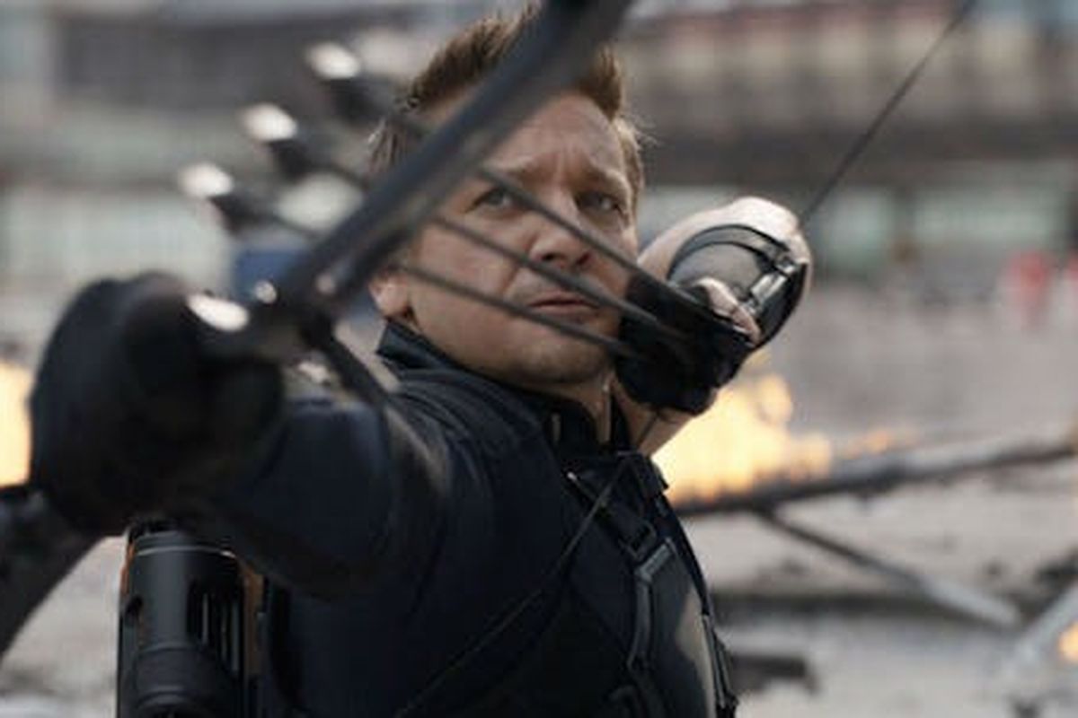 Hawkeye fires his very serious bow and arrows
