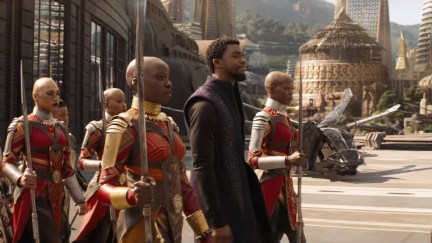 Danai Gurira as Okoye and Chadwick Boseman as T'Challa in 