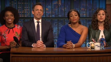 Amber Ruffin, Seth Meyers, Tiffany Haddish, and Jenny Hagel doing 