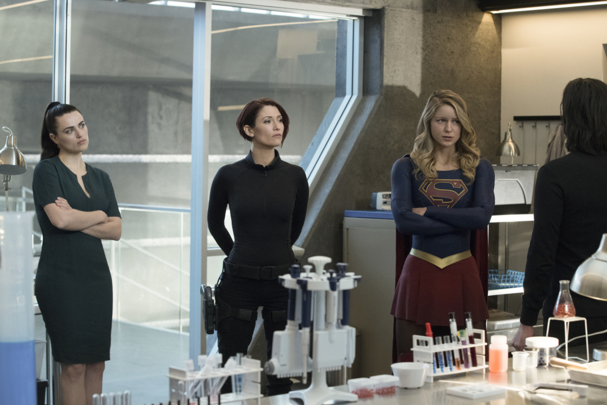 Supergirl -- "Trinity" -- Pictured (L-R): Katie McGrath as Lena Luthor, Chyler Leigh as Alex and Melissa Benoist as Kara/Supergirl -- © 2018 The CW Network, LLC. All Rights Reserved.