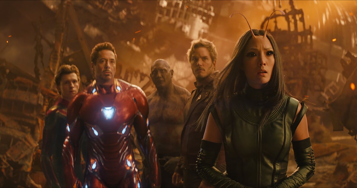 Marvel Studios' AVENGERS: INFINITY WAR..L to R: Spider-Man/Peter Parker (Tom Holland), Iron Man/Tony Stark (Robert Downey Jr.), Drax (Dave Bautista), Star-Lord/Peter Quill (Chris Pratt) and Mantis (Pom Klementieff).