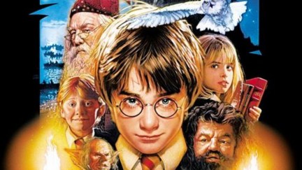 Robbie Coltrane, Richard Harris, Rupert Grint, Daniel Radcliffe, Harry Taylor, and Emma Watson in Harry Potter and the Sorcerer's Stone (2001)