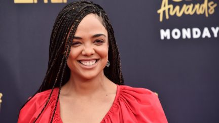 Tessa Thompson attends the 2018 MTV Movie And TV Awards at Barker Hangar on June 16, 2018 in Santa Monica, California.