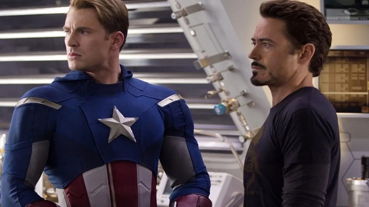 Chris Evans as Captain America and Robert Downey Jr. as Iron Man