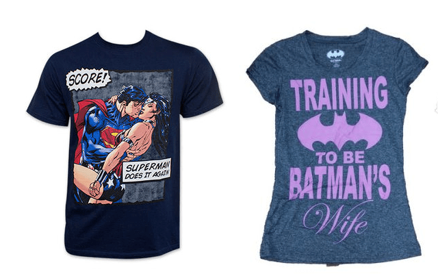 Sexist t-shirts featuring Superman, Wonder Woman, and Batman