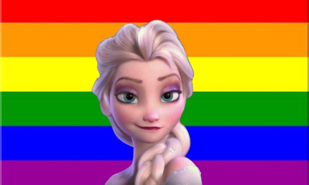 Elsa from Disney's Frozen in front of an LGBTQIA pride flag