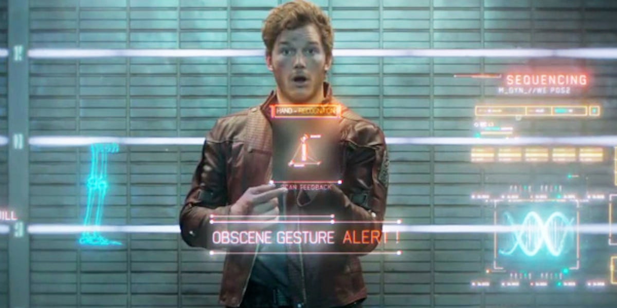 Chris Pratt as Peter Quill a.k.a. Star-Lord sticks up his middle finger in Marvel's Guardians of the Galaxy (image: Marvel Entertainment)